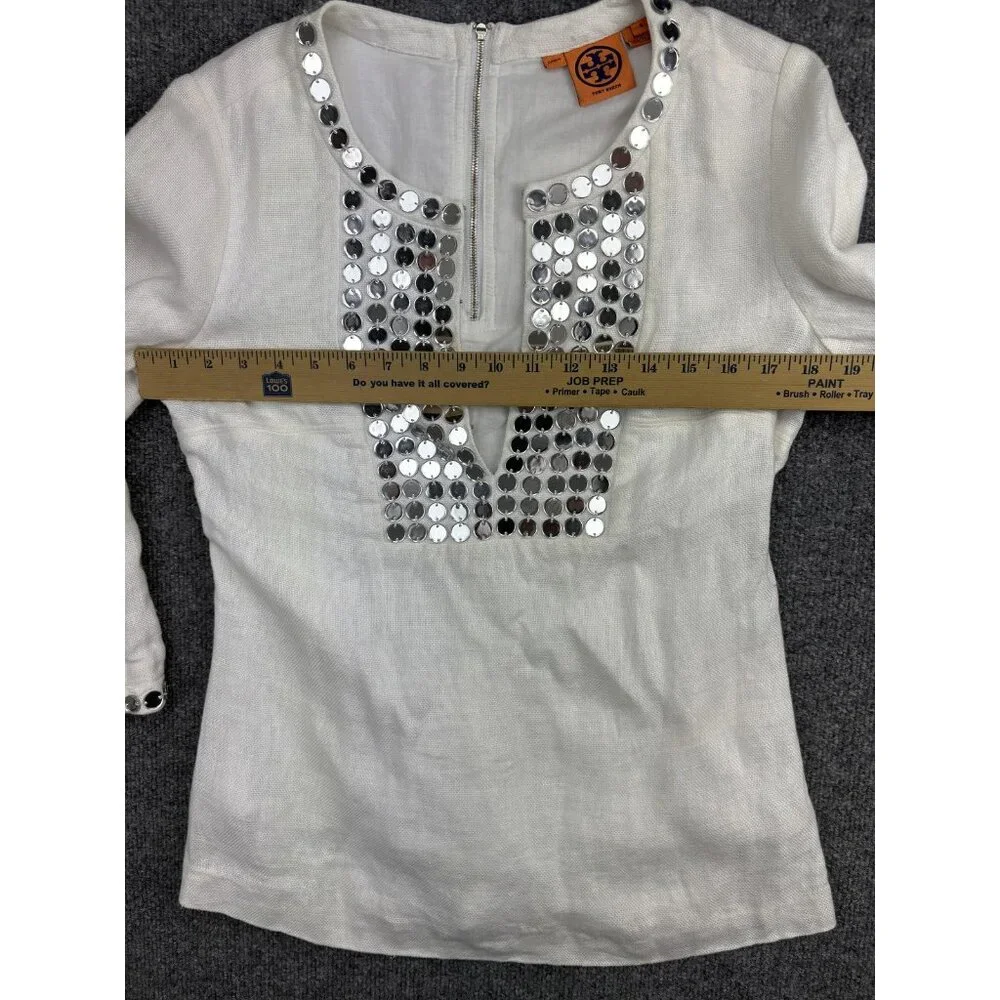 Tory Burch Linen Blouse Womens 4 White Mirror Sequin Embellished‎ 3/4 Sleeve
